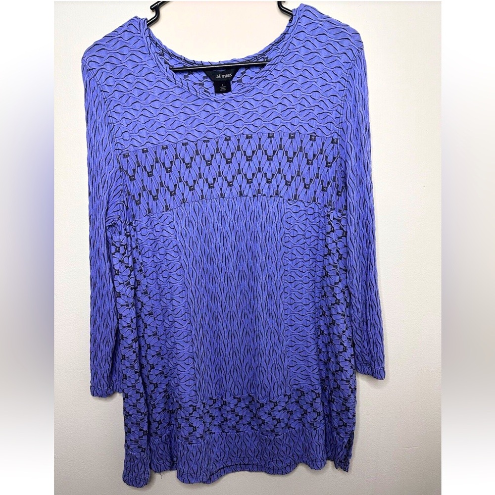 Ali Miles Women Top Large Purple Crinkle 3/4 Sleeve Texture Tunic Artsy Casual